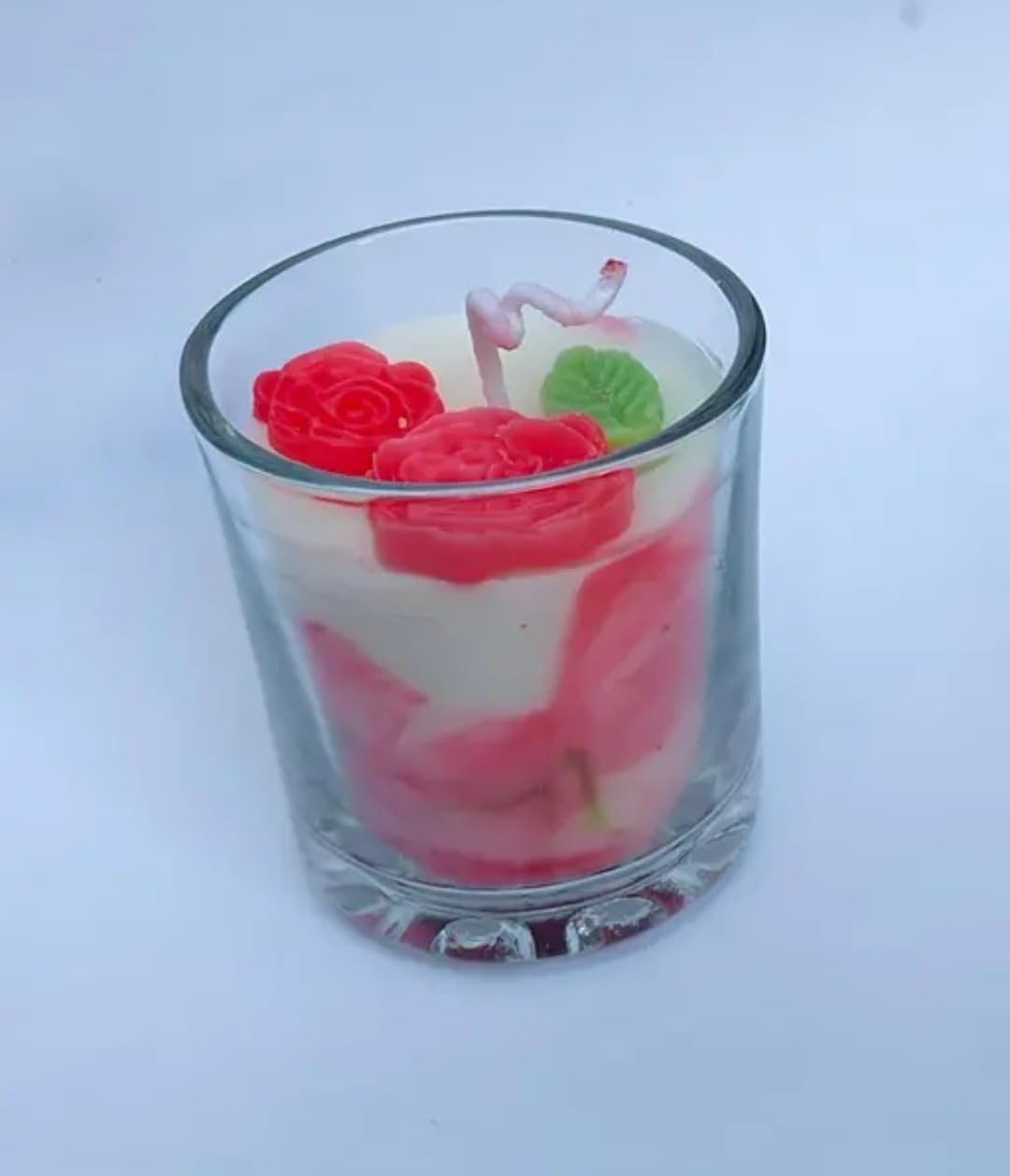 Rose Petal Glass Candle, Set of 2, Decorative Floral Design, Red and White, Romantic Home Decor