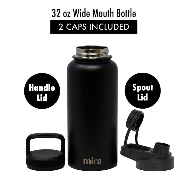 MIRA 32 oz Insulated Sports Bottle - Stainless Steel Temperature Control Thermo - Easy-Drink Spout (24Hr Cold/12Hr Hot) - Black