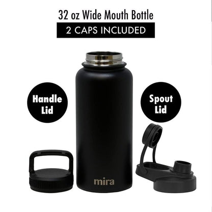 MIRA 32 oz Insulated Sports Bottle - Stainless Steel Temperature Control Thermo - Easy-Drink Spout (24Hr Cold/12Hr Hot) - Black