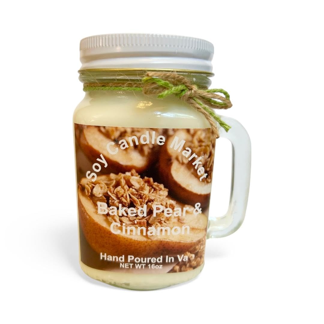 Soy Scented Candles | Handmade & Highly Aromatic Candles Burns up to 85 Hours in Glass Jar - Perfect for Home Decor, Wedding, Birthday, Dinner (Baked Pears and Cinnamon, 12 oz)