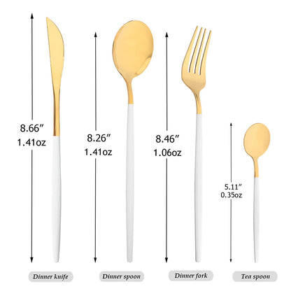 Snplowum Mirror Cutlery Serving Set, 24-piece 18/0 Stainless Steel Silverware With White Handle Simple & Modern Tableware For Home Party Restaurant Christmas Dinner, Service For 6 (White Gold)