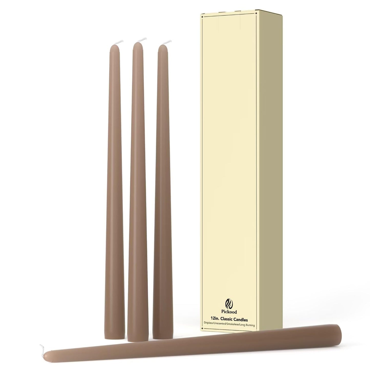 Pickood 12-Inch Tall Dripless Taper Candles Set of 4 - Taupe Tapered Candles, Perfect for Spring - Smokeless, Unscented, Long Burning - Hand Poured, Colored Tall Candlesticks - Gray
