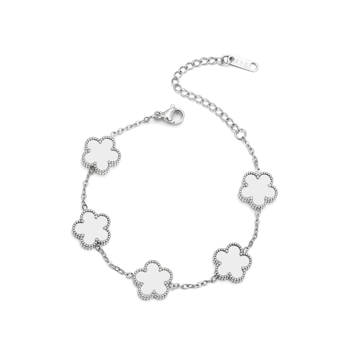 FLY FEI 18K Gold-Plated Four Leaf Clover Bracelet for Women,Adjustable lucky Bracelet Jewelry Gift-Hypoallergenic Charm for Birthdays, Wellness & Daily Wear(style02-White(silvery))