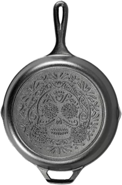 Lodge 10.25 Inch Pre-Seasoned Cast Iron Skillet - Versatile Use on Stove, Grill, or Campfire - Sugar Skull Design