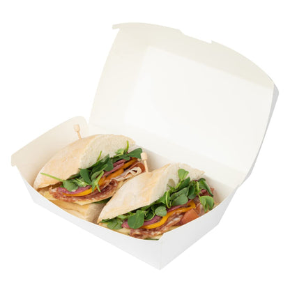 Restaurantware Bio Tek 6.7 x 3.5 x 3.5 Inch Clamshell Food Containers 100 Disposable Sandwich Containers - Hinged Lid Tab-Lock Closure White Paper Hot Dog Containers Recyclable Greaseproof