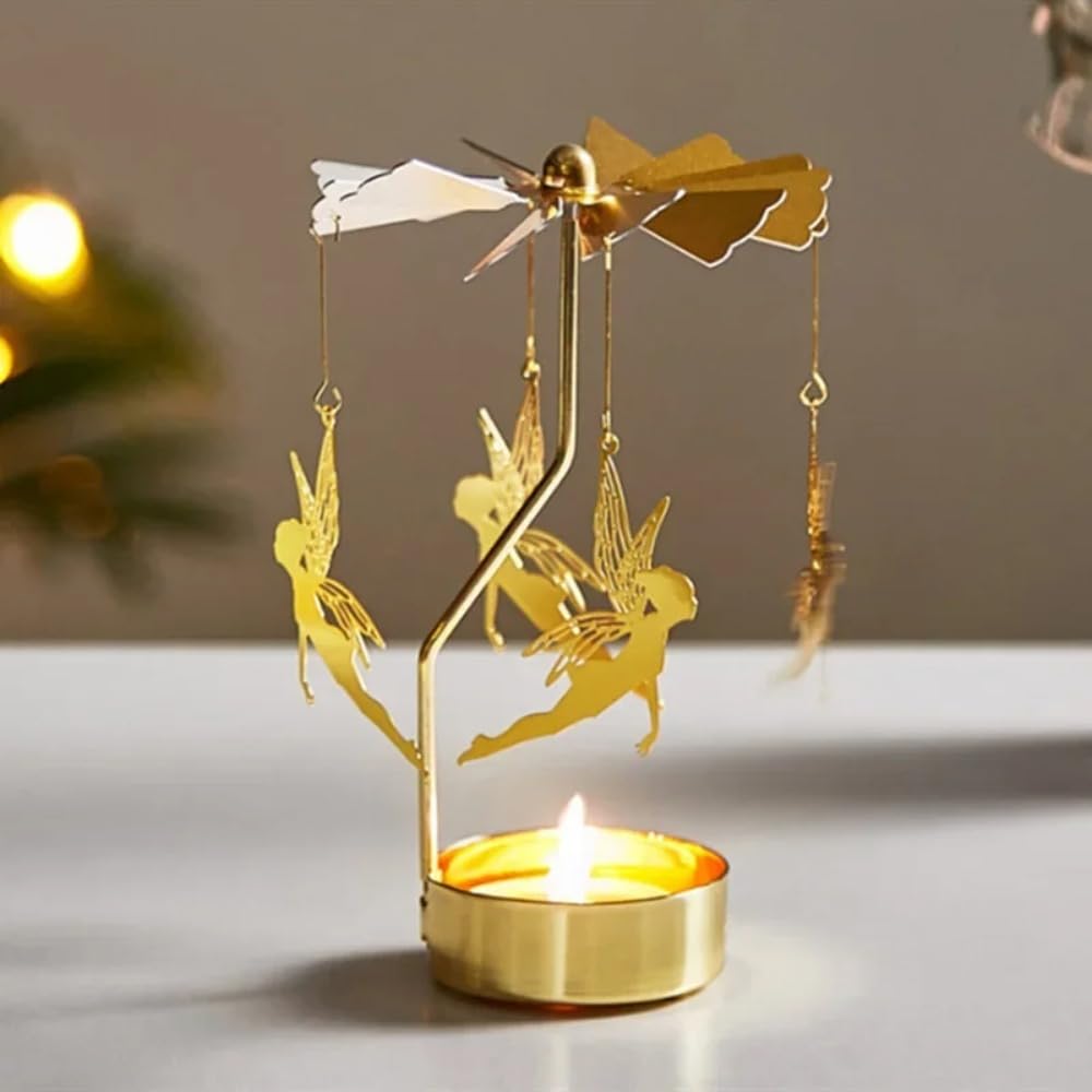 Rotating Candle Holder, Romantic Metal Tealight Candlestick Spinner Carousel Candle Tea Light Holder for Christmas Home Decor(Snowflake,Gold)