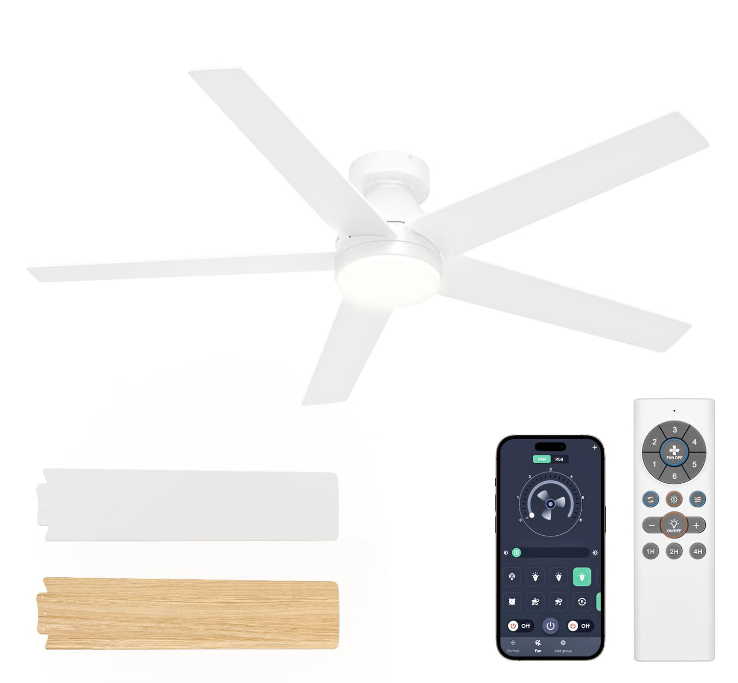 VOLISUN Ceiling Fan with Lights and Remote, 42 inch Low Profile Ceiling Fan with Light, Reversible, 3CCT, Dimmable, Noiseless, White Flush Mount Ceilings Fans for Bedroom, Indoor/Outdoor