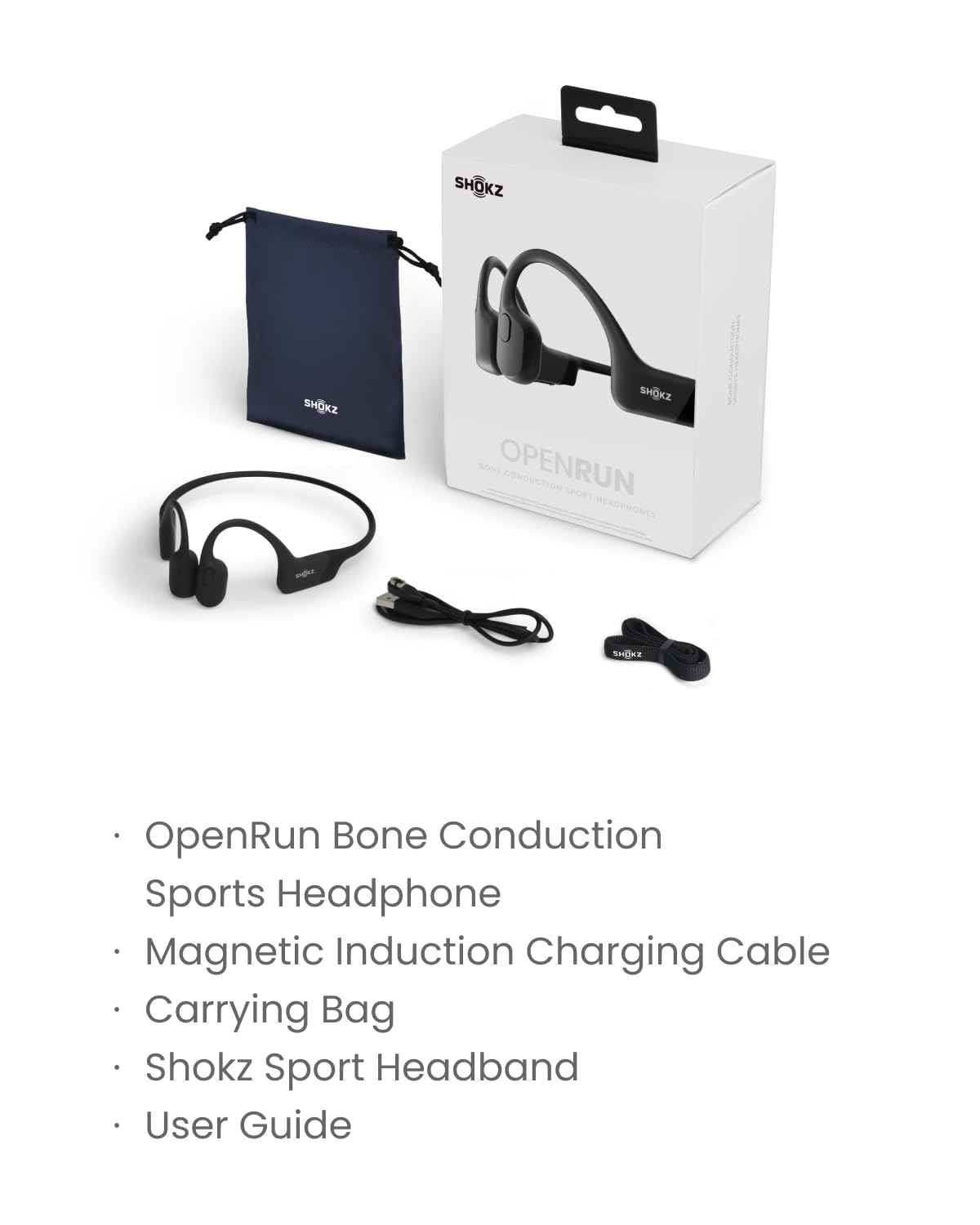 SHOKZ OpenRun Bone Conduction Headphones,Open-Ear Bluetooth Wireless Sport Headphones for Running & Workout,Sweat Resistant, Long 8H Playtime,Mic,Hair Band-Standard-Black