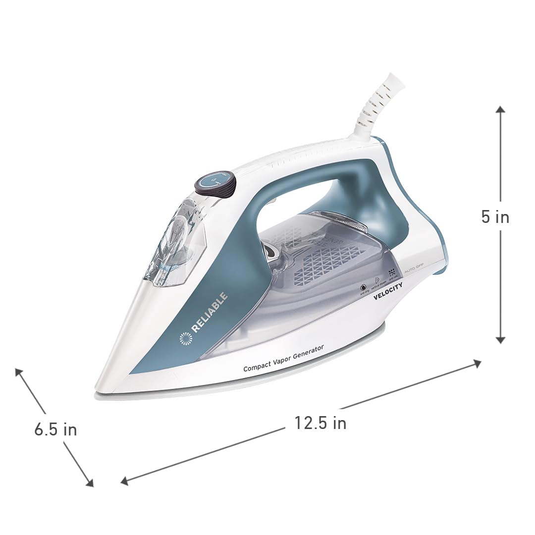 Reliable Velocity 180IR Steam Iron for Sewing, Quilting and Clothes, 1800 Watts Compact Vapor Generator, Leak Free Continuous Steam, Variable Steam Dial, Ceramic Soleplate with Three Heat Settings