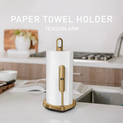 simplehuman Tension Arm Standing Paper Towel Holder, Heavy-Duty, Easy One-Handed Tear, Kitchen Countertop, Brass Stainless Steel