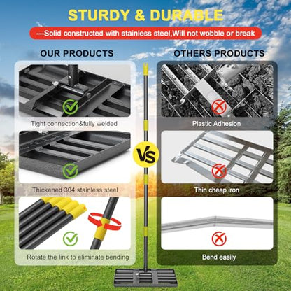 Lawn Leveling Rake - Heavy Duty 17"x10" Stainless Steel Leveler Plate,Reinforced Welds,28-60" Adjustable, Anti Flipping Smooth Edge,for Soil, Dirt,Ground,Backyard Top Dressing,Landscaping