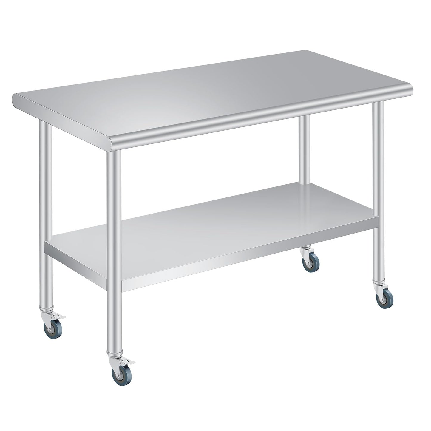  Stainless Steel Prep Table, 24 x 60 Inches Heavy Duty Commercial , with Rounded-Corner, Adjustable Undershelf and 4 Caster Wheels, Heavy Duty Work Table with Adjustable Under Shelf for Outdoor, Res