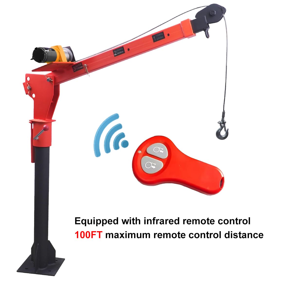Pismire 1100lb Folding Truck-Mounted Jib Crane - 3500lb 12V Electric Winch Combo, 360° Swivel, Dual Remotes (Infrared/Wired), Painted Steel，Orange