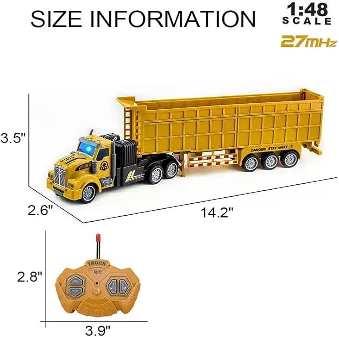 RC Dump Truck with Trailer - 14 1:48 Mini Semi Truck Toy with 2 Rechargeable Batteries Remote Control Car Construction Vehicles with Lights Engineering Tractor Toy for 3 4 5 Years Kids Boys Girls