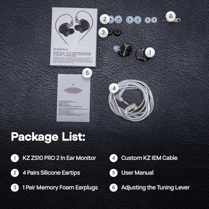 Linsoul KZ ZS10 PRO 2 in Ear Monitor IEM, 1DD+4BA Hybrid Wired Earbuds, with 4-Level Tuning Switch, 3-Way Crossover Gaming Earbuds, Silver-Plated IEM Cable for Musician Audiophile (Black, with Mic)