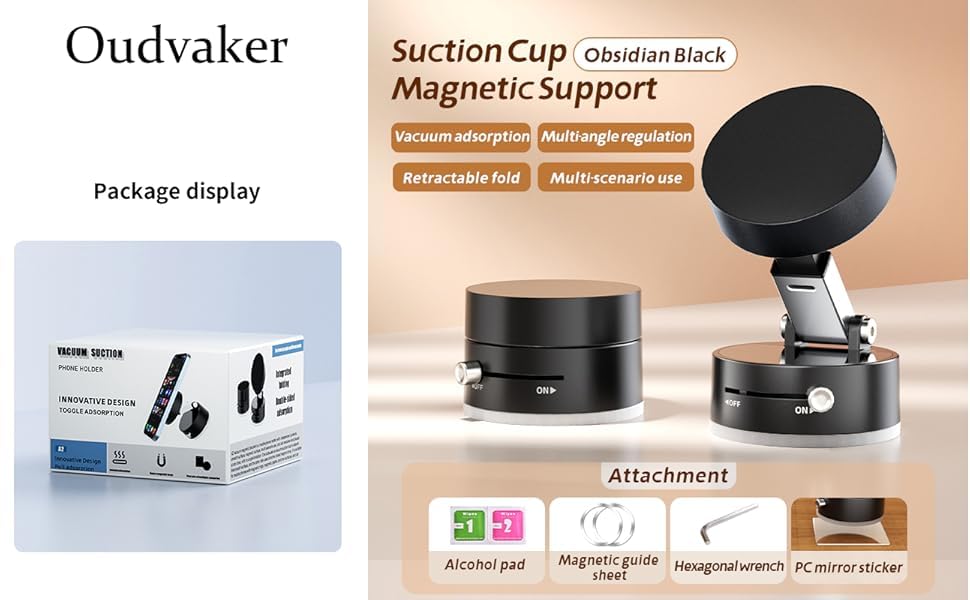 Car Phone Holder Upgraded Vacuum Magnetic Phone Holder for Car with N52 Magnet, Adjustable Suction Cup Phone Mount, Includes Metal Ring & Adhesive Pad, Fits iPhone & Android