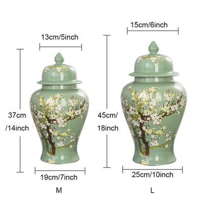 EliteBloom Green Ceramic Ginger Jar With Lid For Home Decor,Traditional Chinese Trees And Flowers Temple Jar, Jingdezhen Handcrafted Porcelain Vase Centerpiece Decor M (Green L) (Green L)