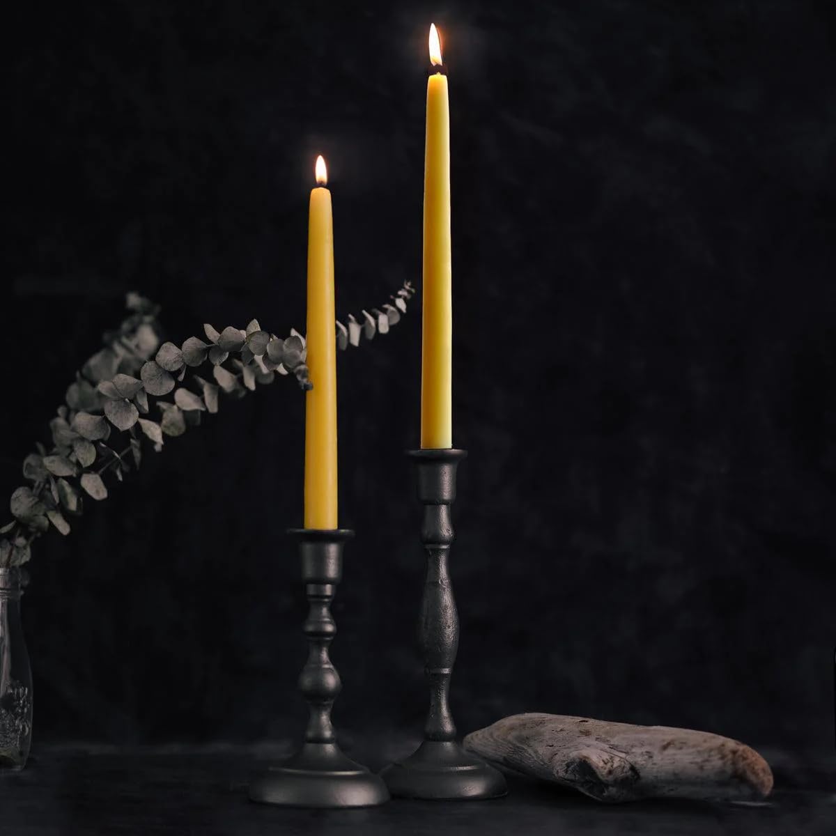 Bluecorn Beeswax 100% Pure Beeswax Taper Candles | Natural Beeswax, Yellow Unscented Tapered | Soy, Paraffin, & Fragrance Free | 8 Inch, Pair - Two Candlesticks