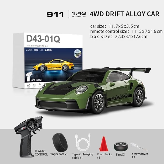 1:43 RC Drift Car 20KM/H with Gyro 2.4G 4WD Full Proportional Alloy Sport Racing Car Adjustable Speed LED Lighting for Teens &amp Adults-D43-01