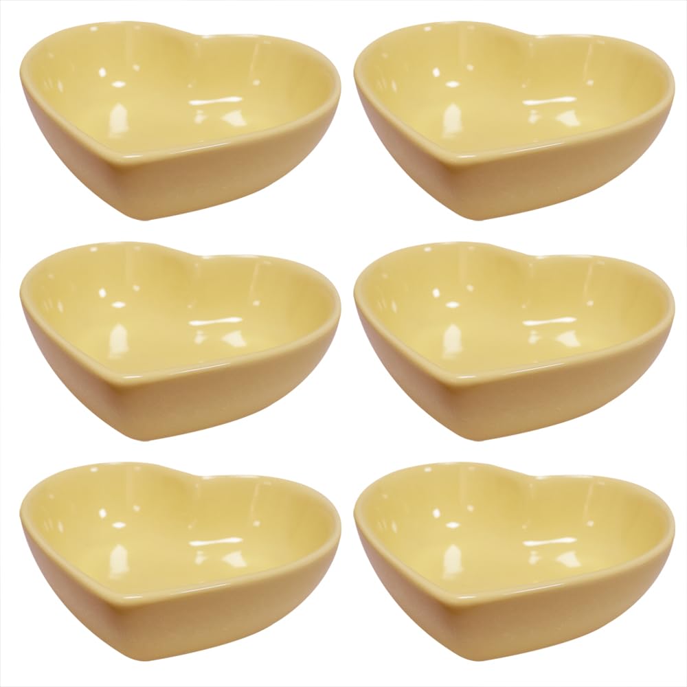 Xmomx 6 pcs Yellow Heart Shaped Porcelain Soy Sauce Dish Ceramic Dip Dipping Bowls for Dinner Baking BBQ and Cooking