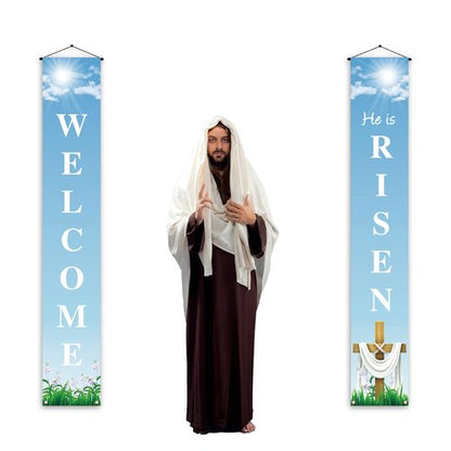 He Is Risen Porch Banner Easter Christian Cross Lily Religious Holiday Party Front Door Sign Wall Hanging Party Decoration