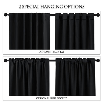 PONY DANCE Short Blackout Curtains 45 inch Long - Thermal Insulated Black Curtains for Bathroom/Kitchen/Bedroom, 42 Wide by 45 Inches Length, Black, 2 Panels