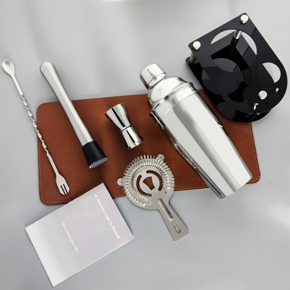 Cocktail Shaker Bartender Kit: 5 Piece Stainless Steel Bar Set, Cocktail Shaker Set with Stand, Drink Mixing Kit Includes Shaker,Strainer,Jigger, Bar Mixer Spoon, Muddler ﻿(750ml(25oz))