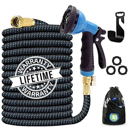 J&B XpandaHose 75ft Expandable Garden Hose with Holder - Heavy Duty Superior Strength 3750D - 4 -Layer Latex Core - Extra Strong Brass Connectors and 10 Spray Nozzle w/Storage Bag (Blue 75)