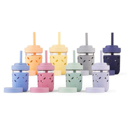 Elk and Friends Kids + Toddler Glass Cups | The Original 8oz Glass Mason Jar with Sleeves + Lids | Silicone Straws + Stopper | Smoothie Cup | Food Storage | Spill Resistant | Dishwasher Safe | 4 Pack