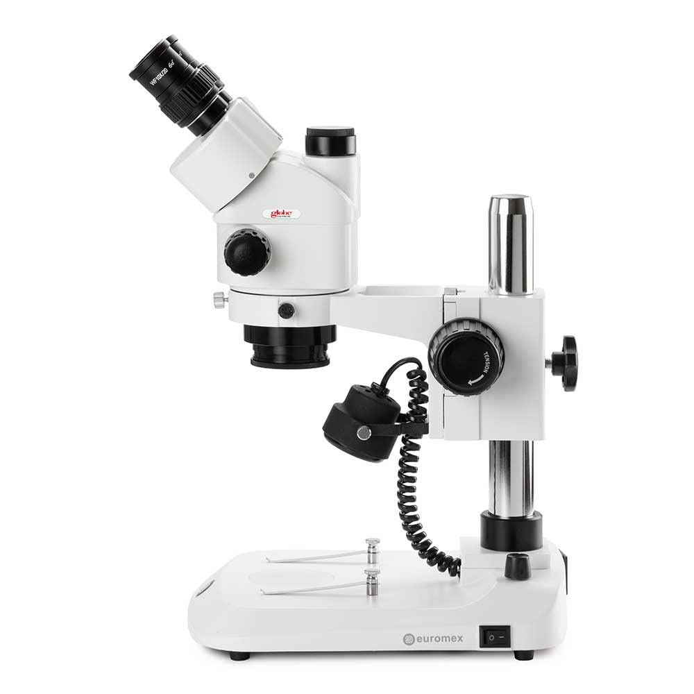 Trinocular Stereo Zoom Microscope Stereoblue, 0.7x To 4.5x Zoom Objective, Magnification 7x to 45x Ergonomically Pillar Stand with Incident And Transmitted LED Illumination, Globe Scientific | Euromex