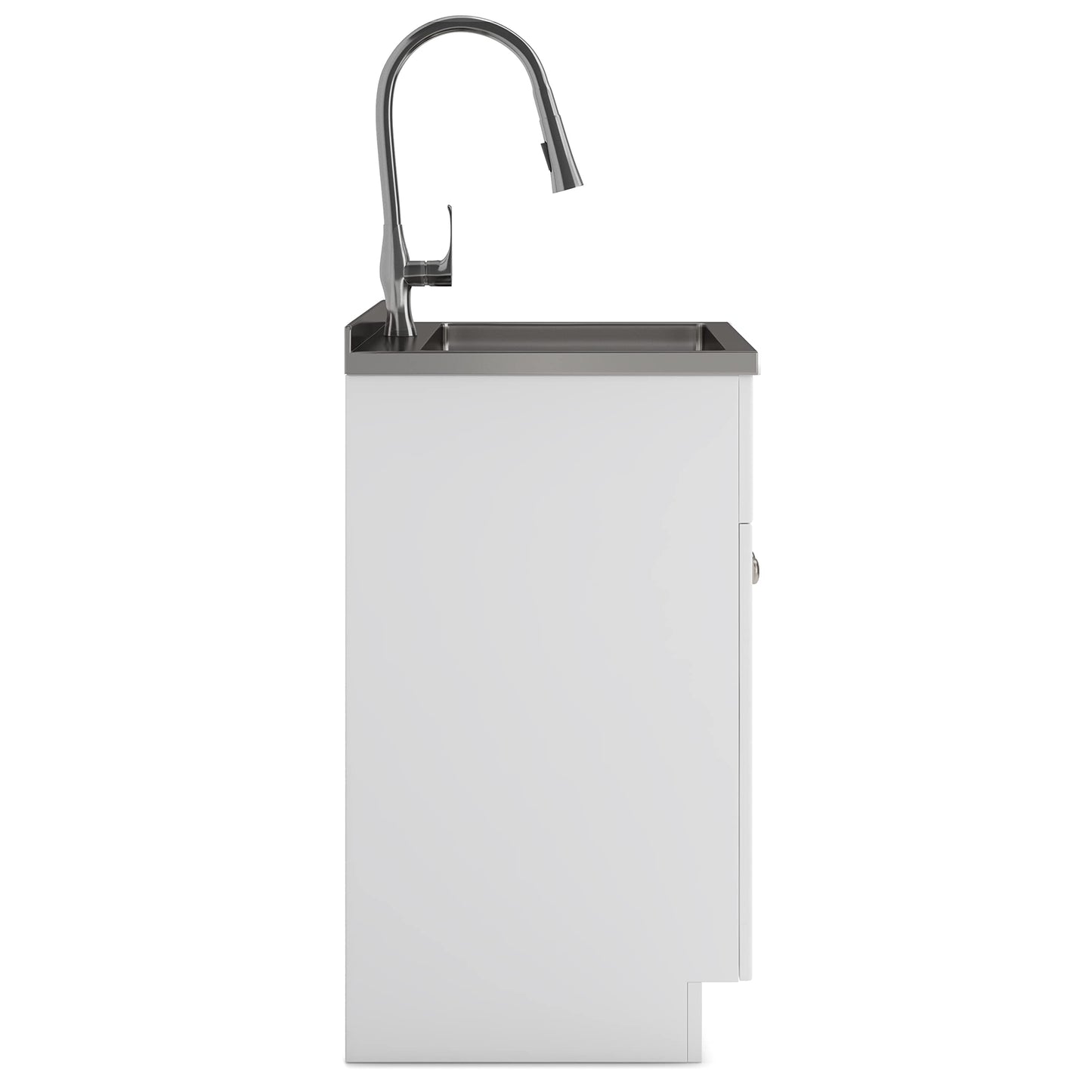 SIMPLIHOME Beckham All-in-One 24 inch Wide Utility Sink and Laundry Cabinet in Pure White Finish, Transitional Stainless Steel Sink Cabinet for Laundry Rooms with High-Arch Brushed Nickel Faucet
