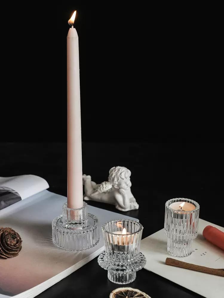 Vixdonos Glass Candlestick Holders Tealight Candle Holders for Table Centerpieces, Wedding Decor and Dinner Party (3 Pcs, Clear)