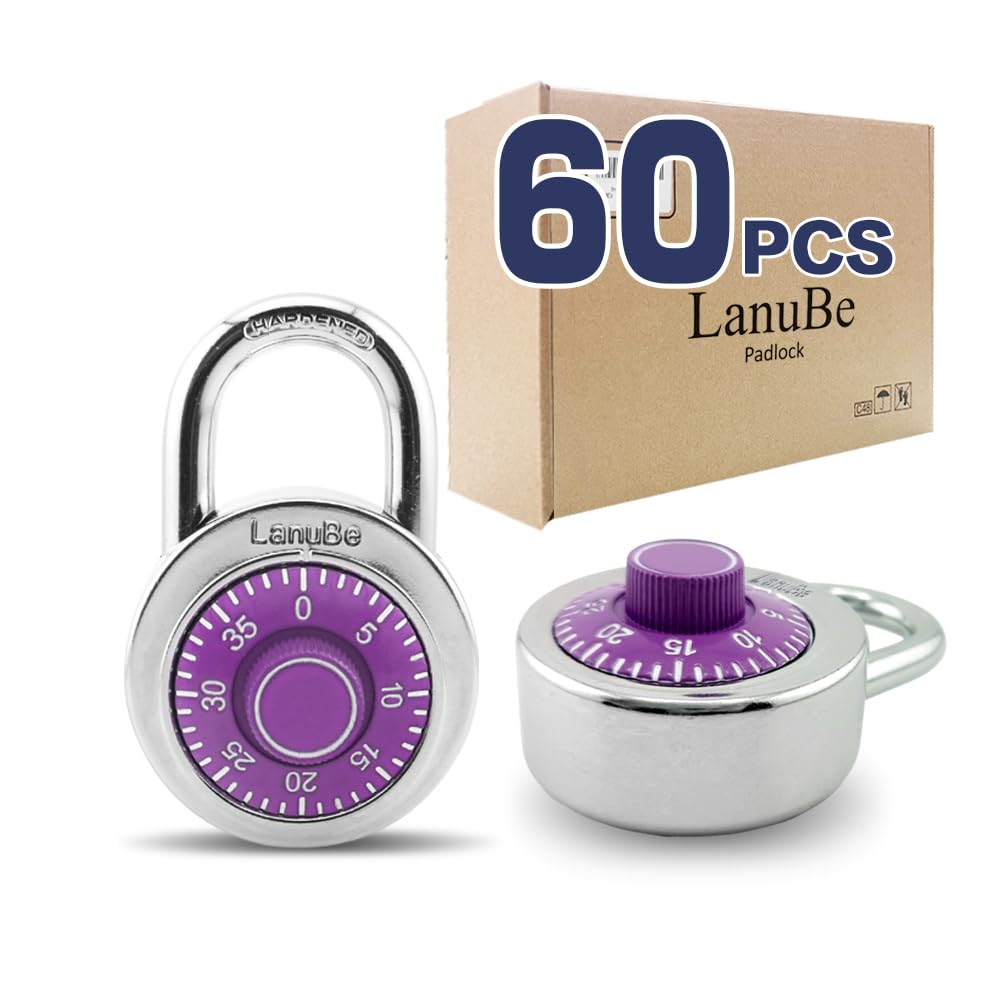 LanuBe Standard Dial Combination Lock, 2 inches. Wide, with Different Combinations, Purple Turnplate, Pack of 60; Lock for School, Employee, Gym Sports Locker, Case, Toolbox