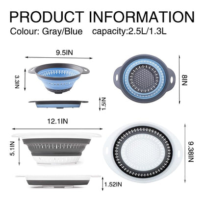 Collapsible Colander Set, Square Round Triangles Silicone Kitchen Strainer Perfect for Draining Pasta Vegetable fruit 2 PCS (10.8"L x 8.6"W x 2"H, Red & Green)