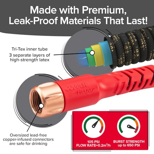 Pocket Hose Copper Head w/New Pocket Pivot Expandable Garden Hose 50 FT, AS-SEEN-ON-TV, Swivels 360°, Advanced Tri-Tex Tubing & Force Field Jacket, 3X Stronger, Lead-Free, No-Kink, Anti-Burst w/APT
