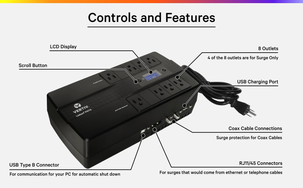 Vertiv Liebert PST5 UPS - 850VA/500W 120V Standby Power, 8 Outlets, Battery Backup with Surge Protection, LCD Screen, Energy Star Certified, 3 Year Warranty, Free Shutdown Software (PST5-850MT120)