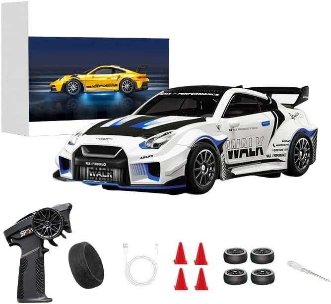 D43-02 1:43 Scale 2.4G Full Proportional 4WD Alloy RC Drift Car with Gyro System Silent Bearings Adjustable Speed &amp LED Lights for Adults High Speed Remote Control Racing Car