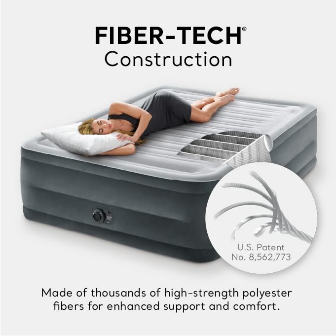 Intex 64417ED 22in Queen Dura-Beam Comfort Plush High-Rise Inflatable Air Mattress with Built in Pump for Travel and Camping, 600lb Weight Capacity