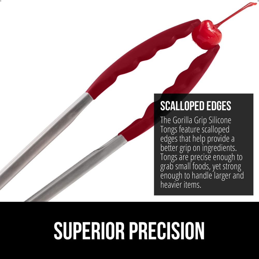 GORILLA GRIP Stainless Steel Heat Resistant Kitchen Tongs for Cooking, 9 + 12 Inch, Set of 2 BBQ Tong, Non Scratch Silicone Tip for Pan, Strong Grip, Grab Food, Toss Salad, Air Fryer, Pull Lock, Black
