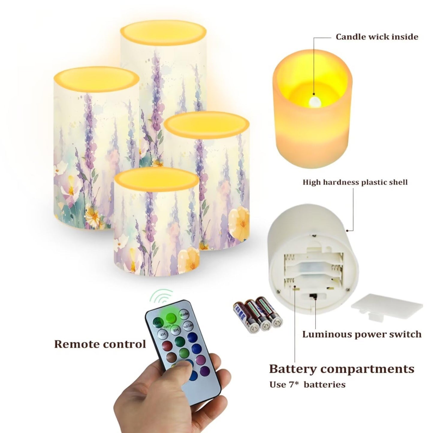 Cozeyat Lavender LED Candles Set of 4 Battery Powered Flameless with Remote Control Timer Color Changing for Home Indoor Outdoor Table Wedding