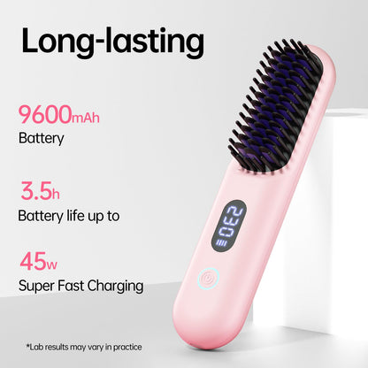 Cordless Hair Straightener Brush-Portable Straightening Comb, 9600mAh Batt, Plasma Tech, 9 Temp-Settings & LED Display, for Travel & Home(Pink)
