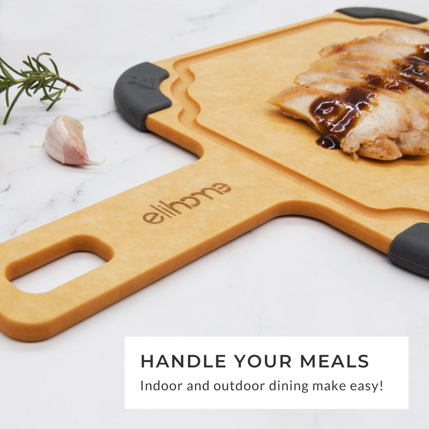 Elihome Paddle Series 2-in-1 Cutting & Serving Board Set with handle, Juice Groove, Dishwasher Safe, Non-slip Feet, Reversible, Wood Fiber Composite, Eco-Friendly, Non-Porous,BPA Free, 2pcs set