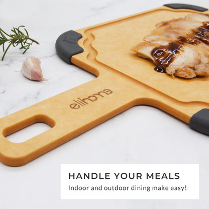 Elihome Paddle Series 2-in-1 Cutting & Serving Board Set with handle, Juice Groove, Dishwasher Safe, Non-slip Feet, Reversible, Wood Fiber Composite, Eco-Friendly, Non-Porous,BPA Free, 2pcs set