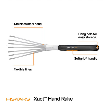 Fiskars Xact Hand Rake, Heavy Duty Gardening Hand Tool with Ergonomic Handle and Hanging Hole for Storage, Stainless Steel Head and Tines, Perfect for Maintaining a Raised Garden Bed