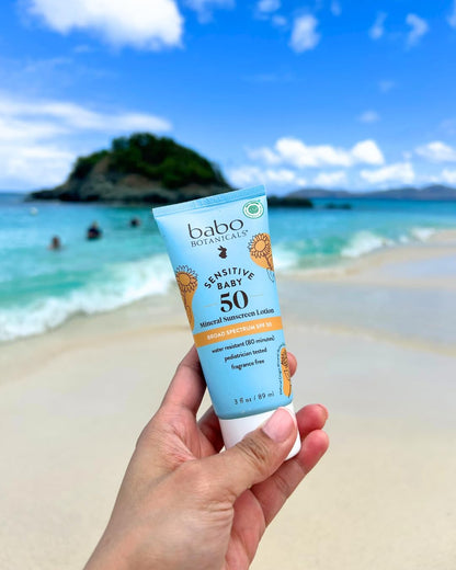 Babo Botanicals Sensitive Baby Mineral Sunscreen Lotion SPF50 - Natural Zinc Oxide - Face & Body - Fragrance-Free - Water-Resistant - EWG Verified - Vegan - Extra Sensitive Skin - For Babies & Kids