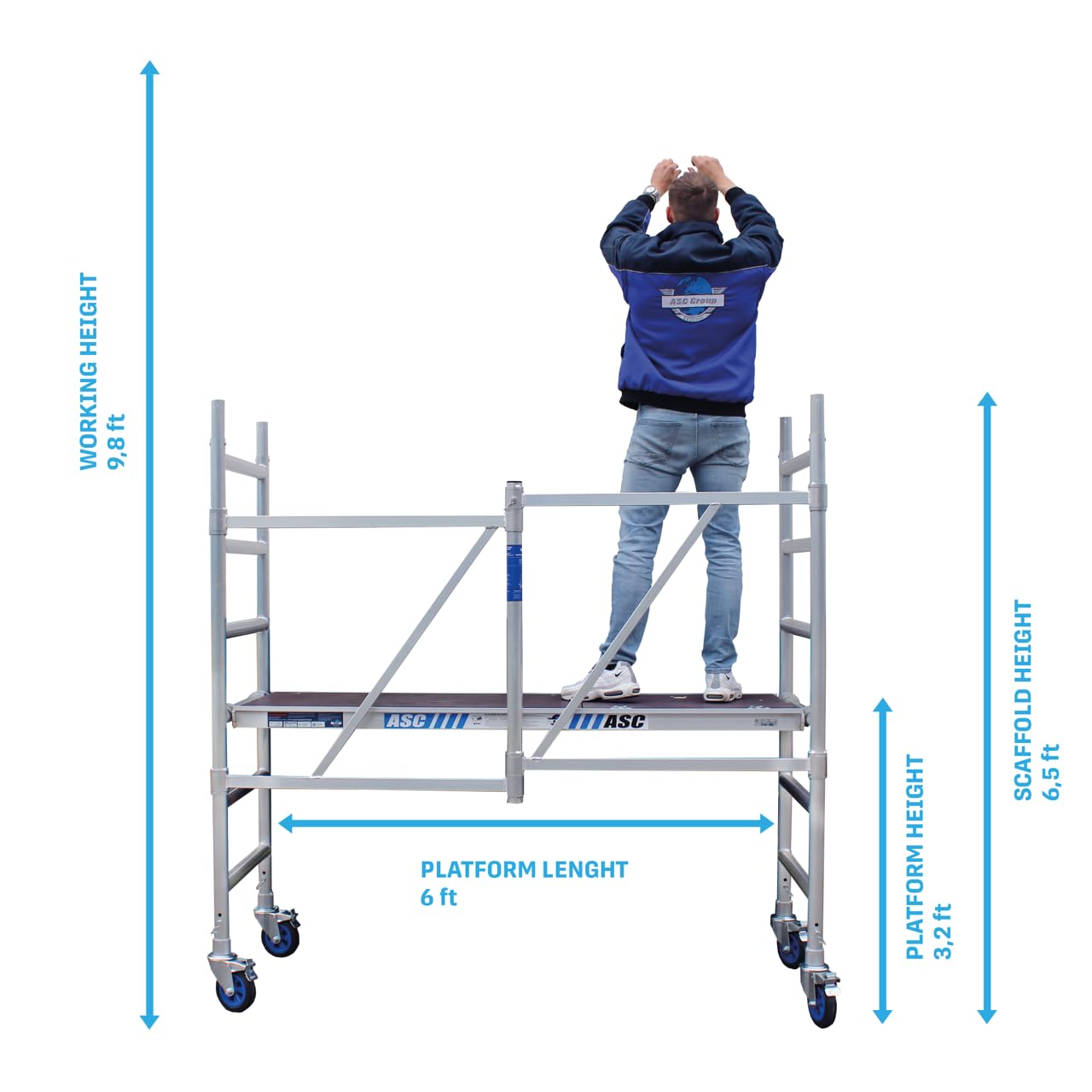 ASC Group A-Line Aluminum Scaffold Basic | Folding Tower with Hatch | 500 lbs Load Capacity | 3'2" Platform Height - 9'8" Working Height | Multipurpose Scaffolding