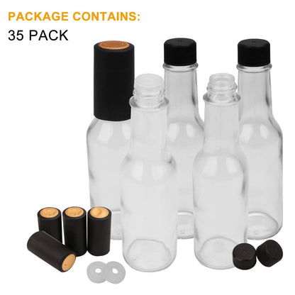 Encheng 35 Pack 5oz Hot Sauce Bottles with Lids,Glass Woozy Bottles with Dripper Inserts and Shrink Capsules,Small Glass Wine Bottle for Homemade Sauces,Oils,Vanilla Extracts,Dressings,Gifting