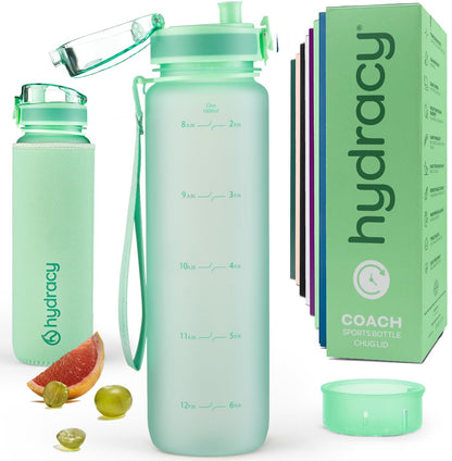 Hydracy Water Bottle with Time Marker -Large 32 oz BPA Free Water Bottle & No Sweat Sleeve -Leak Proof Gym Bottle with Fruit Infuser Strainer & Times to Drink -Ideal for Fitness Sports & Outdoors