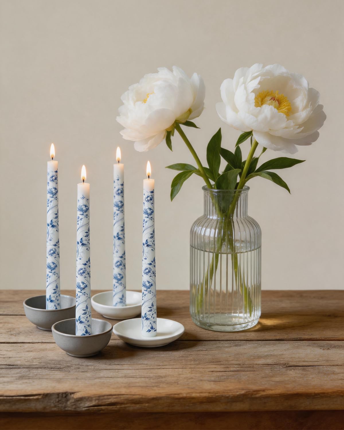MAITREYA Chinoiserie Taper Candles Blue and White Chinoiserie Decor Candlesticks for Wedding Party Home Table Centerpiece Christmas Halloween Gifts-10Inch,4 Pcs,Peony
