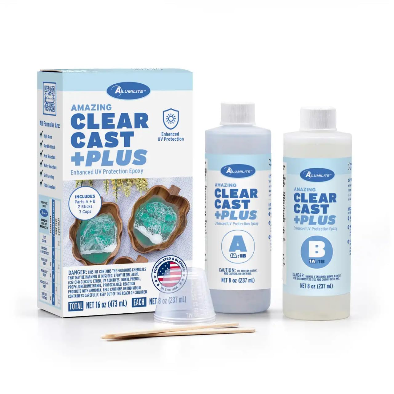 Alumilite Amazing Clear Cast Plus Epoxy Resin Kit for Making and Molding, UV, Plastic Coating, Casting for Countertops, Cups, Tumblers, High-Gloss, Glass Finish - 16 oz (8 oz Part A + 8 oz Part B)